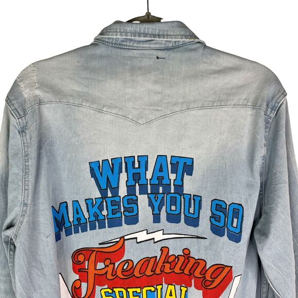 Copper Rivet Light Blue Denim Shirt Snap Button Graphic Prints Large - Picture 12 of 12